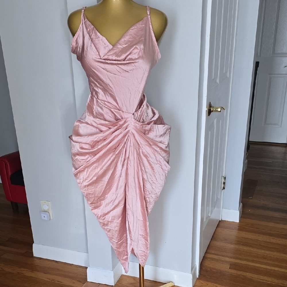 PrettyLittleThing Pink Satin Draped Asymmetrical Midi Dress